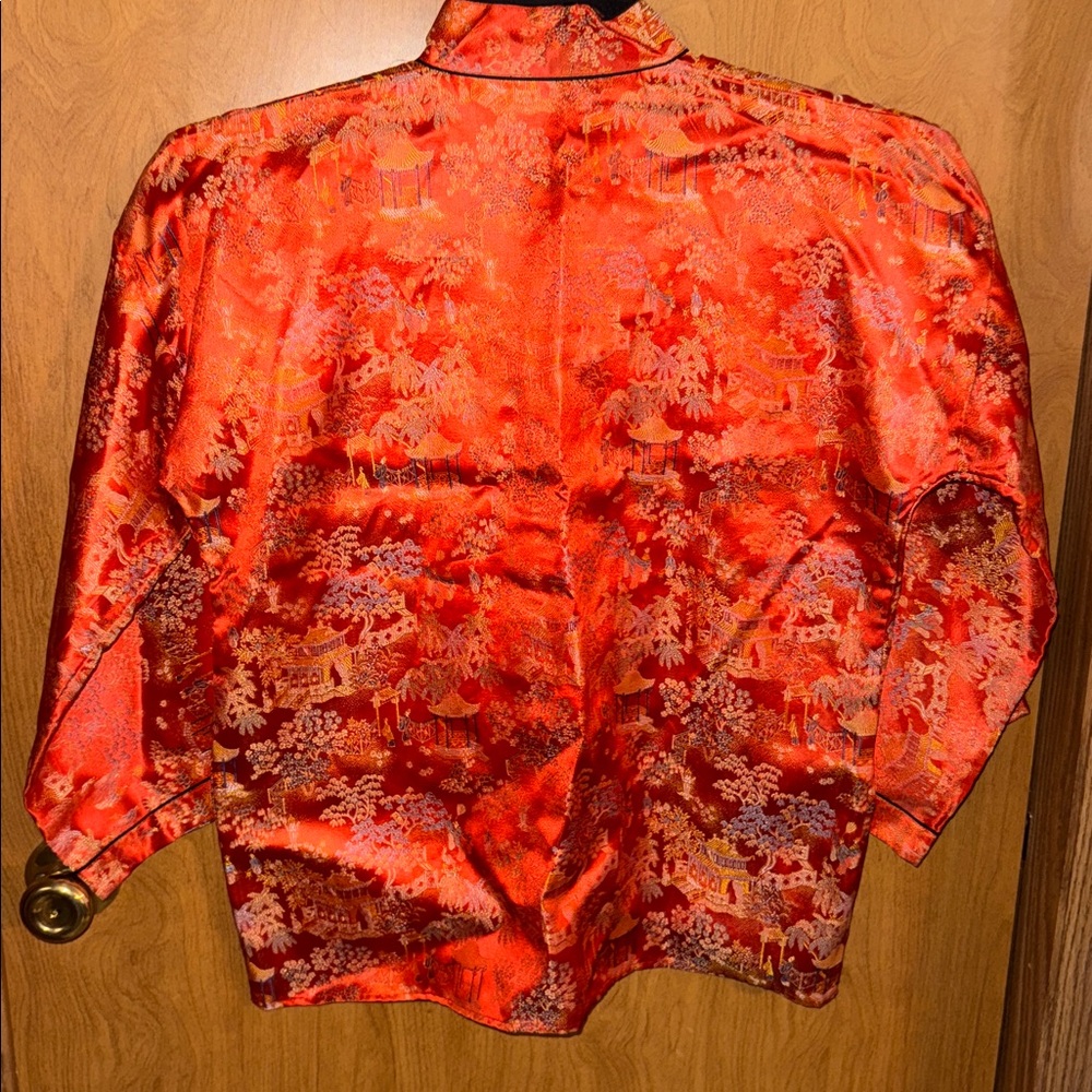 BEAUTIFUL VINTAGE ORANGE SILK ASIAN EMBROIDERED COAT LADIES JAPAN KIMONO Size M - Picture 6 of 9